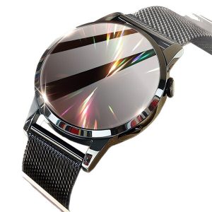 Black round smartwatch with reflective display and Milanese mesh strap