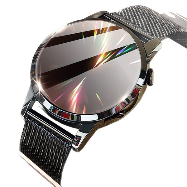 Black round smartwatch with reflective display and Milanese mesh strap